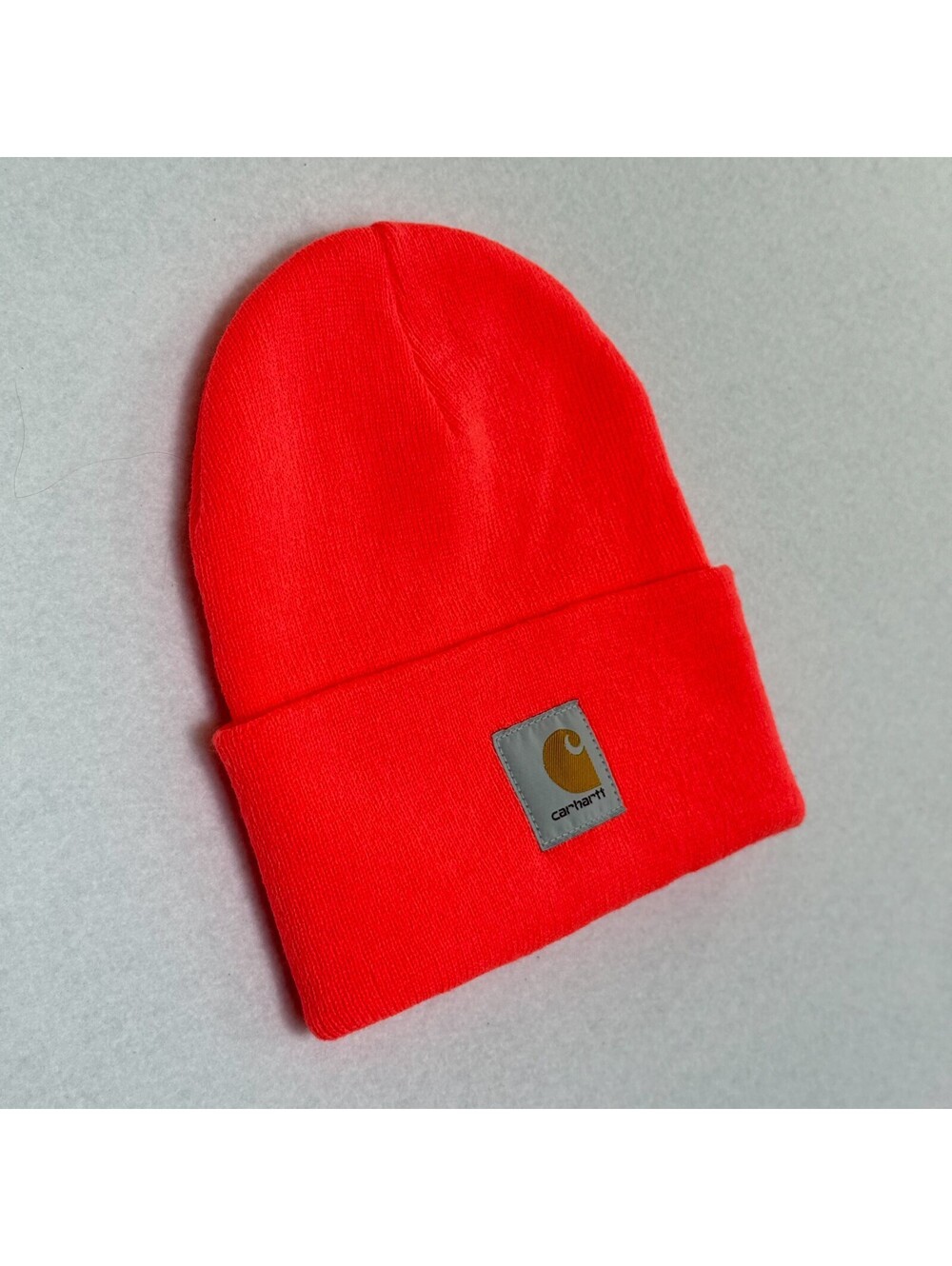 Carhartt Neon Orange Acrylic Beanie Hat Cuffed Logo Patch Men Unisex NWOT